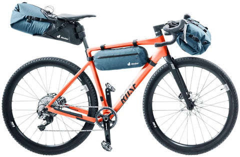 Orange bike with 14 Liter Waterproof Handlebar Mounted Bike Bag With Reflective Details And Gear Loops, side view