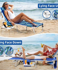 3-In-1 Beach Chair With Face Holes And Folding Side Table Outdoor Lounger with 5-Position Recliner Lay Flat Mode on beach.