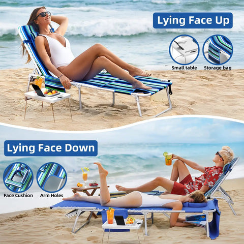3-In-1 Beach Chair With Face Holes And Folding Side Table Outdoor Lounger with 5-Position Recliner Lay Flat Mode on beach.