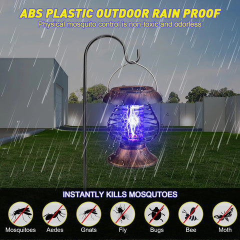 Solar Bug Zapper Outdoor Waterproof Mosquito Killer Lamp With Plastic Ring For Yard And Patio Solar Powered Insect Zapper Antique Bronze Finish Pack Of 2 Easy Switch Nighttime Bug Light hanging in the rain