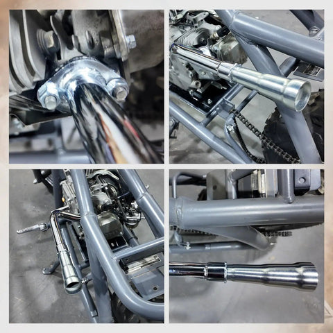 Three Stage Exhaust System With Stainless Silver Tip for Predator 212cc and 196cc 6.5HP Engines installed on a mini bike frame.