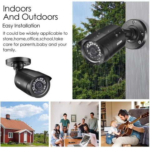 Four Pack 1080P HD TVI Wired Security Cameras Featuring Spot On Clarity And Rugged Weatherproof Bullets, mounted outdoors.