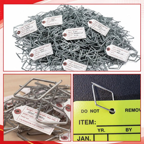 One Thousand Heavy Duty Bulk Diamond Tag Fasteners For Fire Extinguisher Inspection Tags With Secure Metal Clips showing steel clips with safety tags.