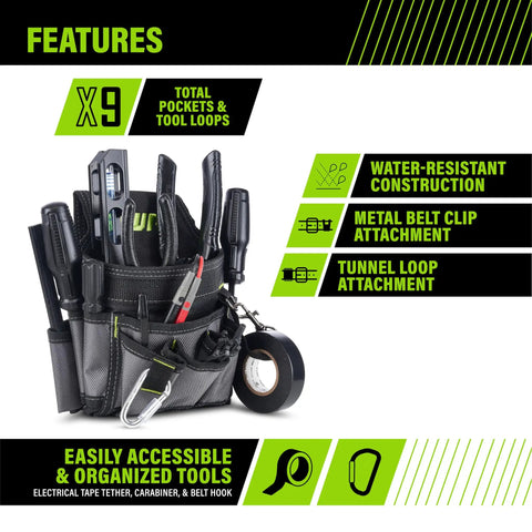 Ballistic Nylon Mini Tool Pouch With 9 Pockets Multi Pocket Organizer For Electricians And Builders Pro Grade Durable Compact Rugged Black Gray Built For On The Job Use