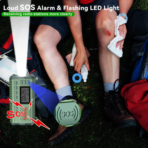 Grab And Go Weather Radio With AM FM NOAA Alerts Hand Crank Emergency Power shown with SOS alarm in outdoor emergency use