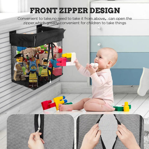 Baby sitting near Large Mesh Slatwall Baskets Set Of 2 With 4 Hooks, 16x16x12 Inch Hanging Slat Wall Baskets, 48L Capacity