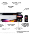 EcoTank Photo ET-8550 Wireless Wide-Format All-In-One Supertank Printer with open tray, touchscreen, and mobile device