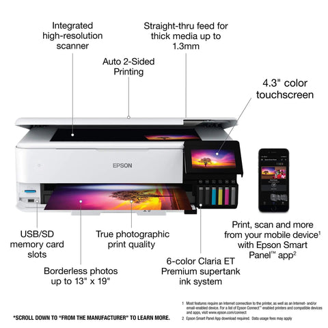 EcoTank Photo ET-8550 Wireless Wide-Format All-In-One Supertank Printer with open tray, touchscreen, and mobile device