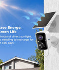 Dope Solar Wireless Outdoor Security Camera on wall, solar panel angled for charging, blue sky background, text overlay on energy saving.