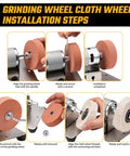 Installation steps for Three-Wheel Mini Bench Grinder with interchangeable wheels for metal, wood, and stone work.