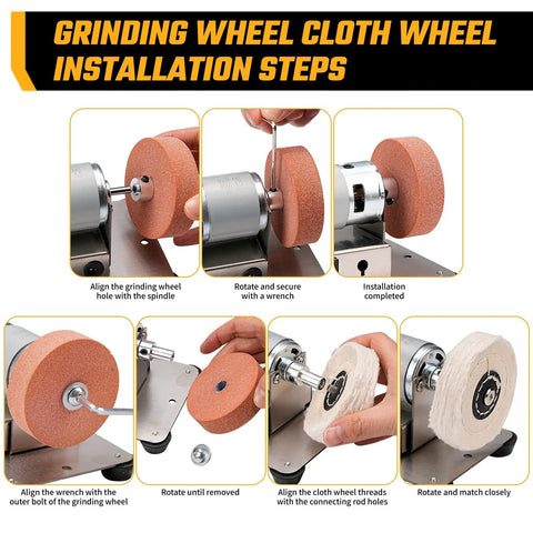 Installation steps for Three-Wheel Mini Bench Grinder with interchangeable wheels for metal, wood, and stone work.
