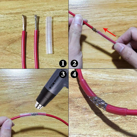 UL Listed 205 Piece Heat Shrink Tubing Kit With Three Point Five Inch Length Clear Three To One Shrink Ratio Waterproof Automotive Electrical Marine Grade Adhesive Lined Tubing For Insulation And Sealing shown in use with red wires