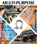 Stainless Steel 304 Bow Shackle Set, 4 Pieces, 5 32 Inch Screw Pin D Ring Shackles shown in various outdoor settings