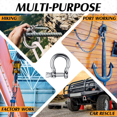 Stainless Steel 304 Bow Shackle Set, 4 Pieces, 5 32 Inch Screw Pin D Ring Shackles shown in various outdoor settings