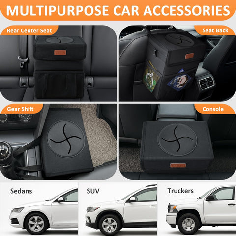 Back Seat Hanging Car Trash Can With Lid Leak Proof Automotive Garbage Bin in various car placements.