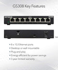 Front and back view of 8 Port Gigabit Ethernet Unmanaged Essentials Switch GS308 With No Fuss Plug And Play Setup Silent Operation