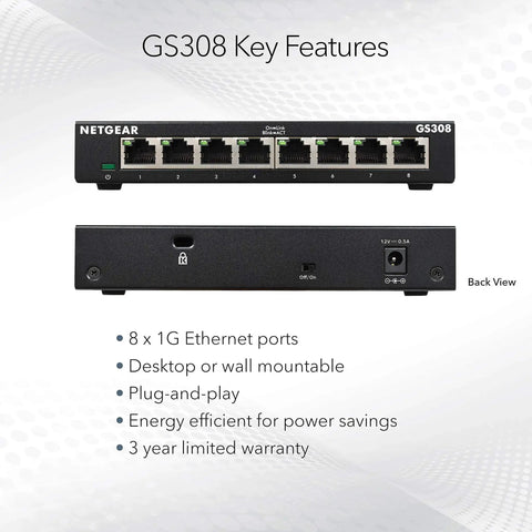Front and back view of 8 Port Gigabit Ethernet Unmanaged Essentials Switch GS308 With No Fuss Plug And Play Setup Silent Operation