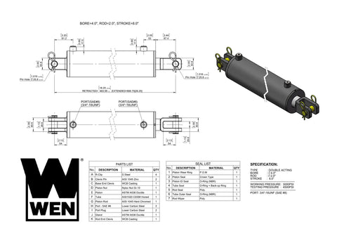 Clevis Hydraulic Cylinder With Four Inch Bore And Eight Inch Stroke Double Acting Steel Welded Design 3000 PSI Two Inch Rod SAE Eight Port Three Quarter Inch UNF Threads Connects To Hydraulic Hose Retracts From Eighteen To Twenty Six Inches, technical drawing