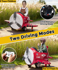 Child riding 12V battery powered ride on airplane with remote control in park, showcasing joystick steering and two driving modes.