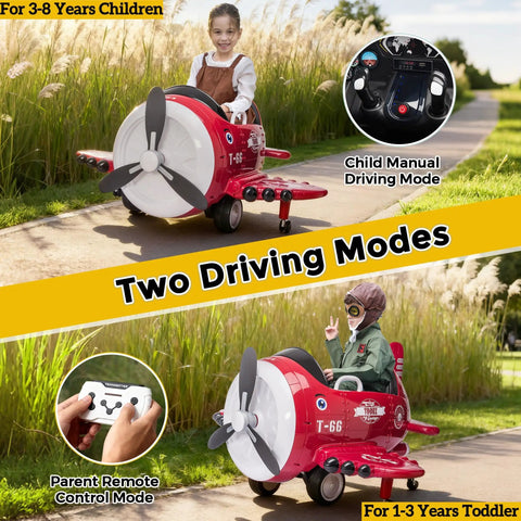 Child riding 12V battery powered ride on airplane with remote control in park, showcasing joystick steering and two driving modes.