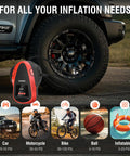 Your Go To Portable Tire Inflator Air Compressor With Dual Power DC 12V Car Plug And 110V Home Outlet Digital Pump in use next to a car