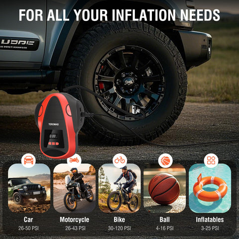 Your Go To Portable Tire Inflator Air Compressor With Dual Power DC 12V Car Plug And 110V Home Outlet Digital Pump in use next to a car
