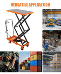 Heavy Duty Hydraulic Lift Table Cart for material handling up to 770 lbs with 59 inch lift height and orange design
