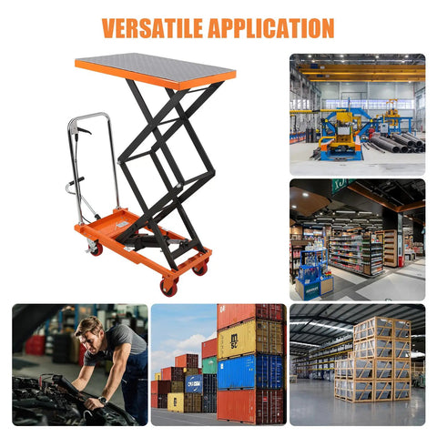Heavy Duty Hydraulic Lift Table Cart for material handling up to 770 lbs with 59 inch lift height and orange design