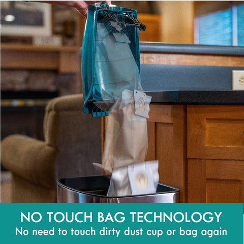 No Touch Bag technology in use with Intuition Lift Up Bagged Upright Vacuum With Two Motor Power Suction And HEPA Filter.