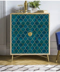 Geometric Trellis Peel And Stick Wallpaper Emerald Sapphire Blue And Bronze Textured Matte Finish on cabinet doors