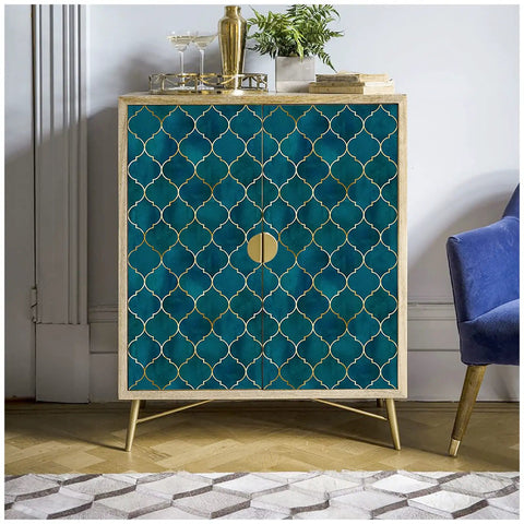 Cabinet adorned with Peel And Stick Geometric Trellis Wallpaper In Sapphire Blue And Bronze Removable Contact Paper For Home And Bathroom Decor Easy Install No Mess Waterproof And Repositionable Matte Finish