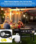 Five Foot Propane Adapter Hose With Regulator And 90 Degree Elbow For Tabletop Griddles Connects 1lb To 40lb Tanks Fits 17 To 36 Inch Griddles And Outdoor Grills So You Never Run Out Of Gas shown with outdoor setup