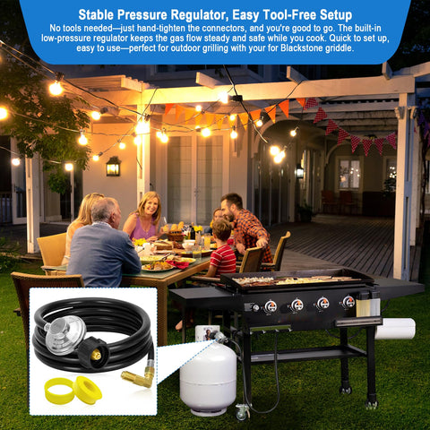 Five Foot Propane Adapter Hose With Regulator And 90 Degree Elbow For Tabletop Griddles Connects 1lb To 40lb Tanks Fits 17 To 36 Inch Griddles And Outdoor Grills So You Never Run Out Of Gas shown with outdoor setup