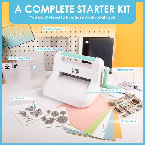 Beginner Friendly Die Cutting And Embossing Machine Kit For Card Making And Crafting with die cutter, plates, cardstock visible