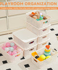 Ten Pack Small Plastic Storage Bins With Lids Stackable Baskets With Handles For Easy Carry Awesome For Pantry Craft Room Office Or Garage Organization Includes Label Cards For Quick Sorting And Clear View in use.