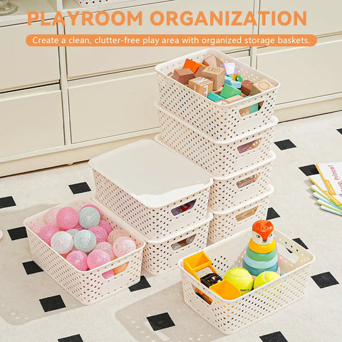 Ten Pack Small Plastic Storage Bins With Lids Stackable Baskets With Handles For Easy Carry Awesome For Pantry Craft Room Office Or Garage Organization Includes Label Cards For Quick Sorting And Clear View in use.
