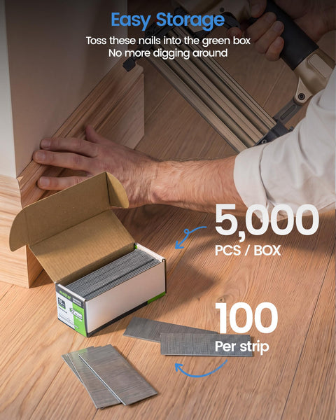 Open box of 18 Gauge Brad Nails 1 Inch Galvanized Finish 5000 Pcs Per Box shown with strips, ideal for upholstery and woodworking.