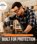 Top Shelf Industrial Safety Glasses With Vibrant Orange Frame Clear Anti Fog Lenses Scratch Resistant High Impact Shield Ansi Z87 Certified Uv400 Eye Protection Clutch For The Job Site Bad Boy Gear, man drilling wood