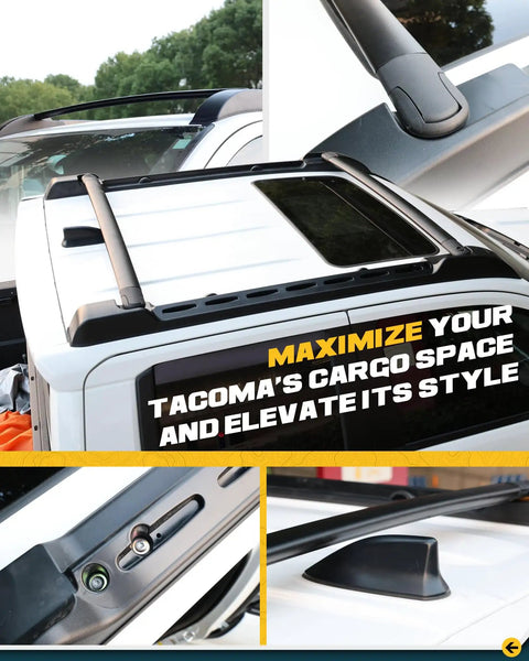 Durable Aluminum Roof Rack Cross Bars For 2024 2025 2026 Toyota Tacoma Double Cab Fitment visible on white truck