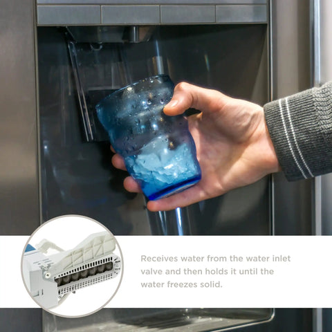 Hand holding glass of ice from Refrigerator Ice Maker Replacement Part WR30X28693 With Ice Mold And Control Device installed