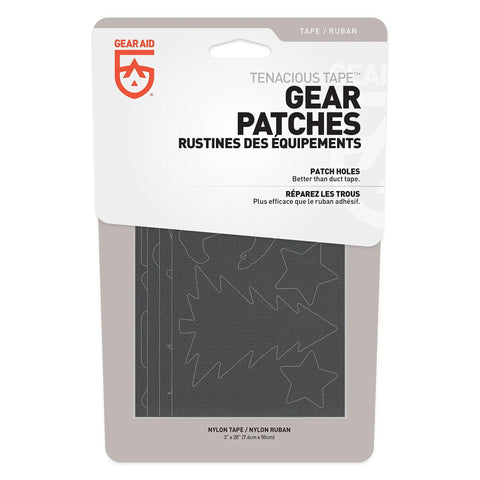 Tenacious Tape Repair Patches Peel And Stick Nylon Gear Patches packaging for jackets tents sleeping bags backpacks and outdoor gear.