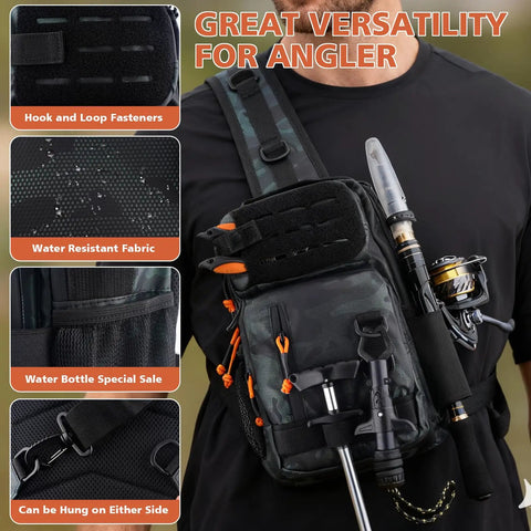 Person wearing All In One Fishing Backpack With Rod Holder And Tackle Boxes 113 Piece Gear Kit Lightweight Water Resistant Shoulder Bag For Saltwater And Freshwater Includes Lure Kit And Tool Set Green, showcasing water-resistant fabric and features.