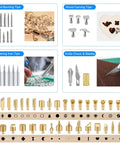 116-piece wood burning kit components, includes various pyrography, carving, and soldering tips for DIY projects and creative arts.