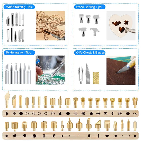 116-piece wood burning kit components, includes various pyrography, carving, and soldering tips for DIY projects and creative arts.