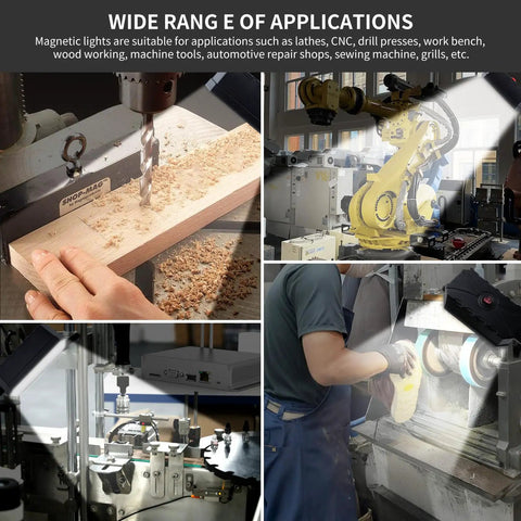 Various applications of Magnetic Work Light 2000 Lumens With 20 Inch Flexible Arm in garage and shop settings, showing use on machinery.