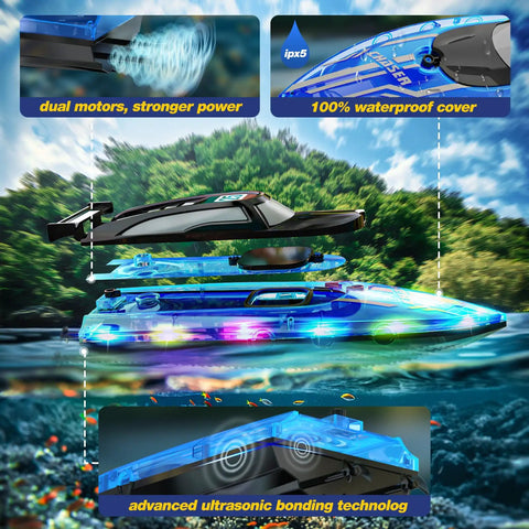 Exploded view of Fast Remote Control RC Boat With LED Lights For Pools And Lakes 2 4GHz Racing Electric Boat For Kids Ages 8 To 12 Waterproof
