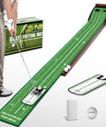 Portable Indoor Golf Putting Mat With Ball Included, wrinkle-free surface, solid wood build, easy setup, in use by golfer