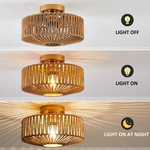 Boho Rattan Ceiling Light Fixture Hand Woven Cage Shade Semi Flush Mount Farmhouse Style Close To Ceiling Lamp showing light off and on