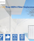 Two Pack True HEPA Filter Replacement for Filtrete Room Air Purifier, outdoor background, product features icons visible
