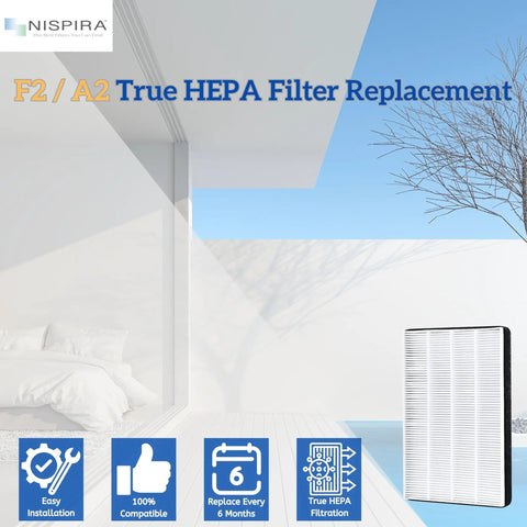 Two Pack True HEPA Filter Replacement for Filtrete Room Air Purifier, outdoor background, product features icons visible